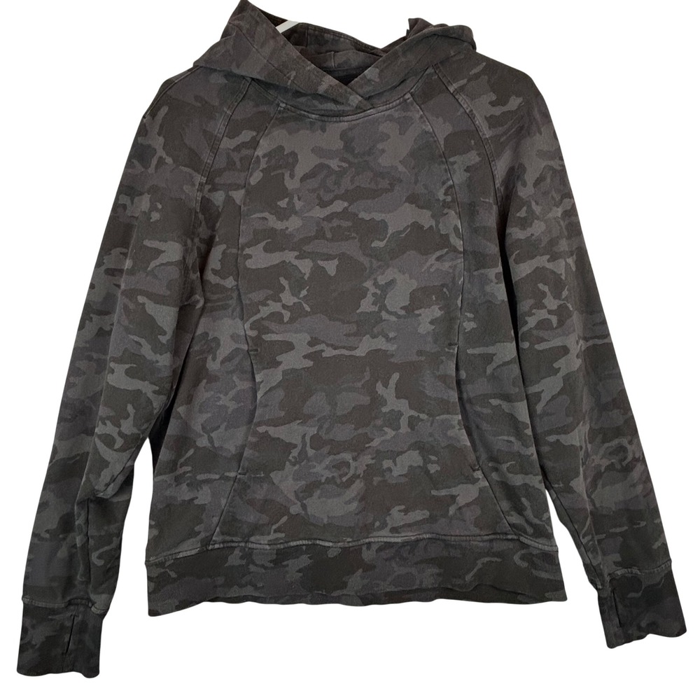 Lululemon Scuba Hooded Sweatshirt Black Camo Thumbholes Women's Size 10 Athletic